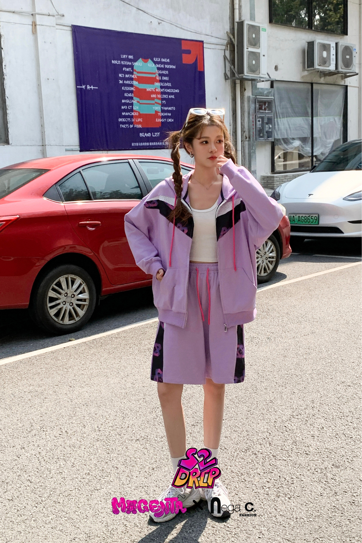 MxN fabric stitching oversize zipped hoodie|Purple|