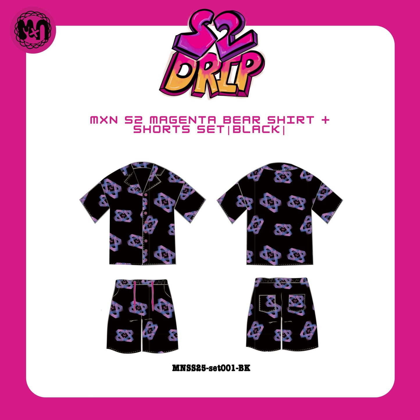 MxN S2 Magenta Bear Shirt + Shorts Set| Black|