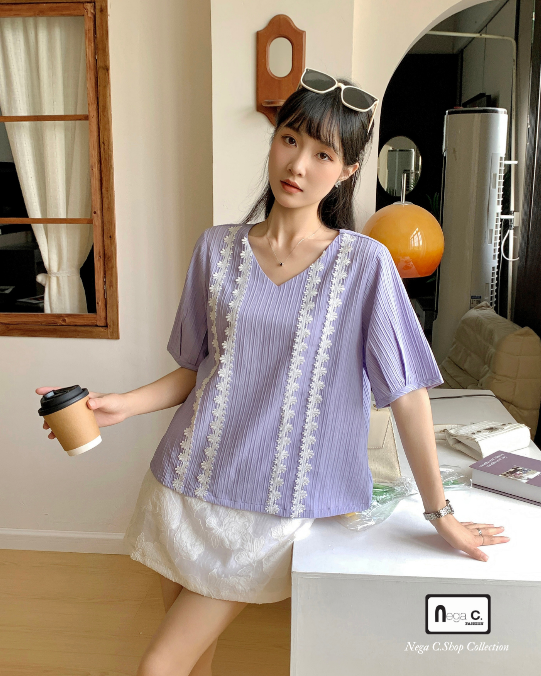 |初秋新品2件75折| V領蕾絲暗紋上衣|紫色|無裡襯|無彈|不透