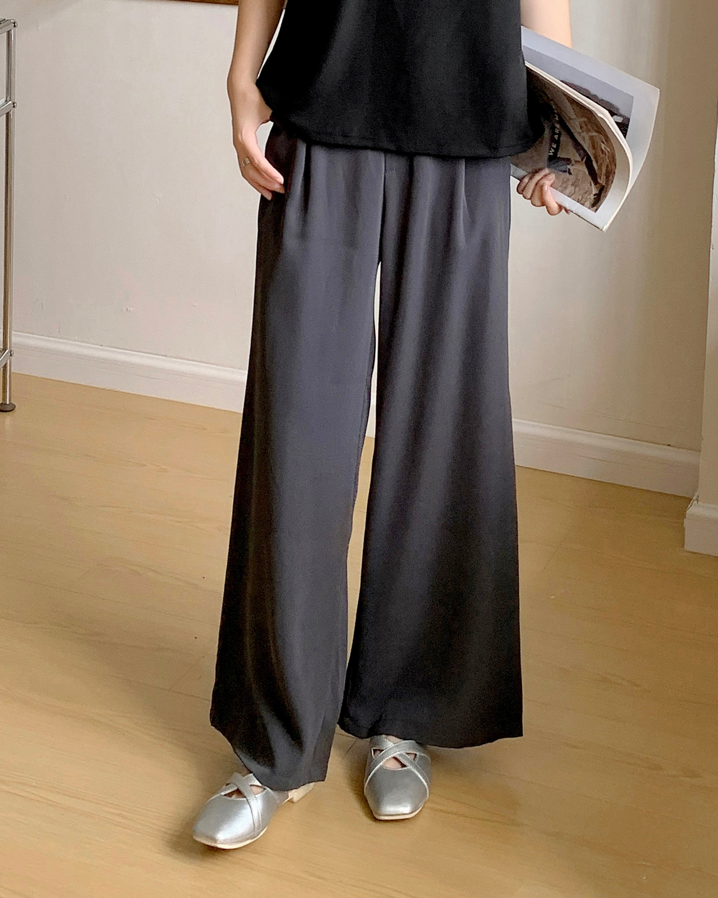 |初秋新品2件75折| 寬腿西褲| 深灰色| 無彈|垂感| 後腰橡筋