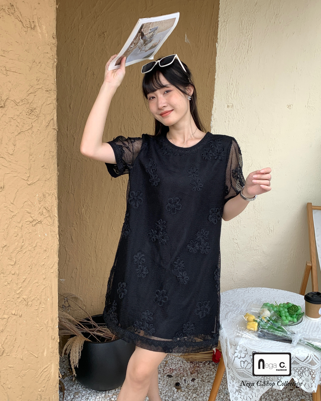 |初秋新品2件75折| 圓領蕾絲A型連身裙|黑色|有裡襯|無彈