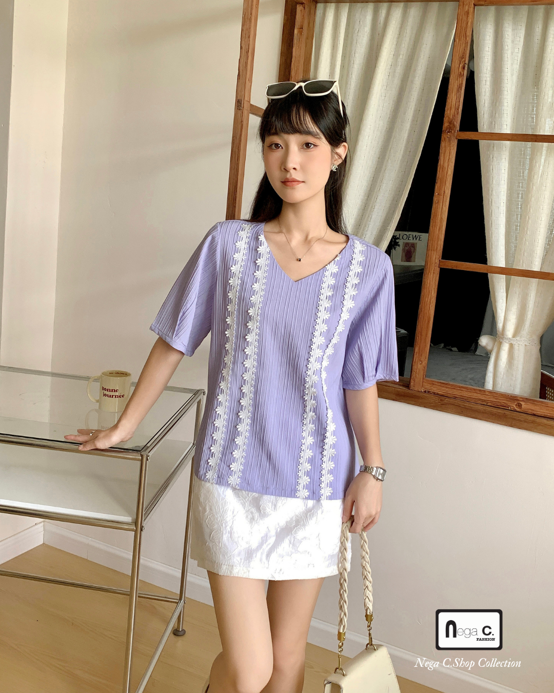 |初秋新品2件75折| V領蕾絲暗紋上衣|紫色|無裡襯|無彈|不透