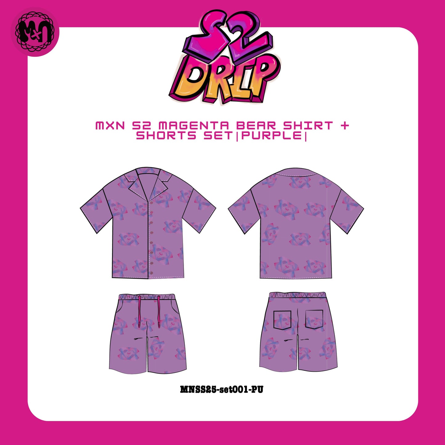 MxN S2 Magenta Bear Shirt + Shorts Set|Purple|