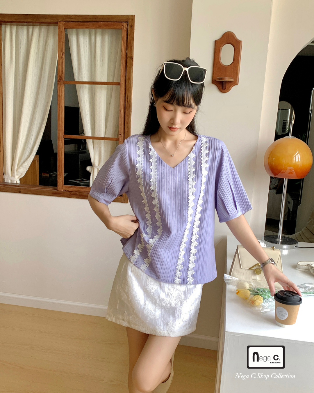 |初秋新品2件75折| V領蕾絲暗紋上衣|紫色|無裡襯|無彈|不透