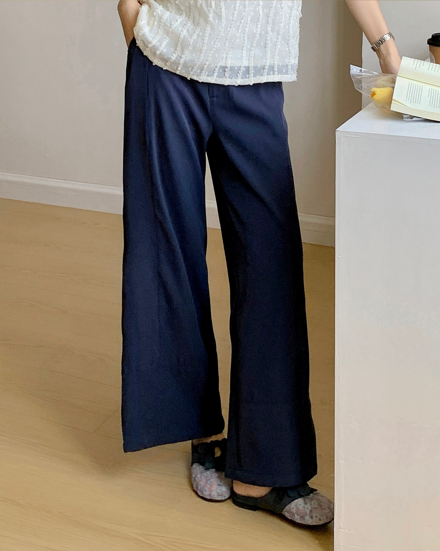 |初秋新品2件75折| 車線寬腿西褲| 深藍色| 無彈|垂感| 後腰橡筋