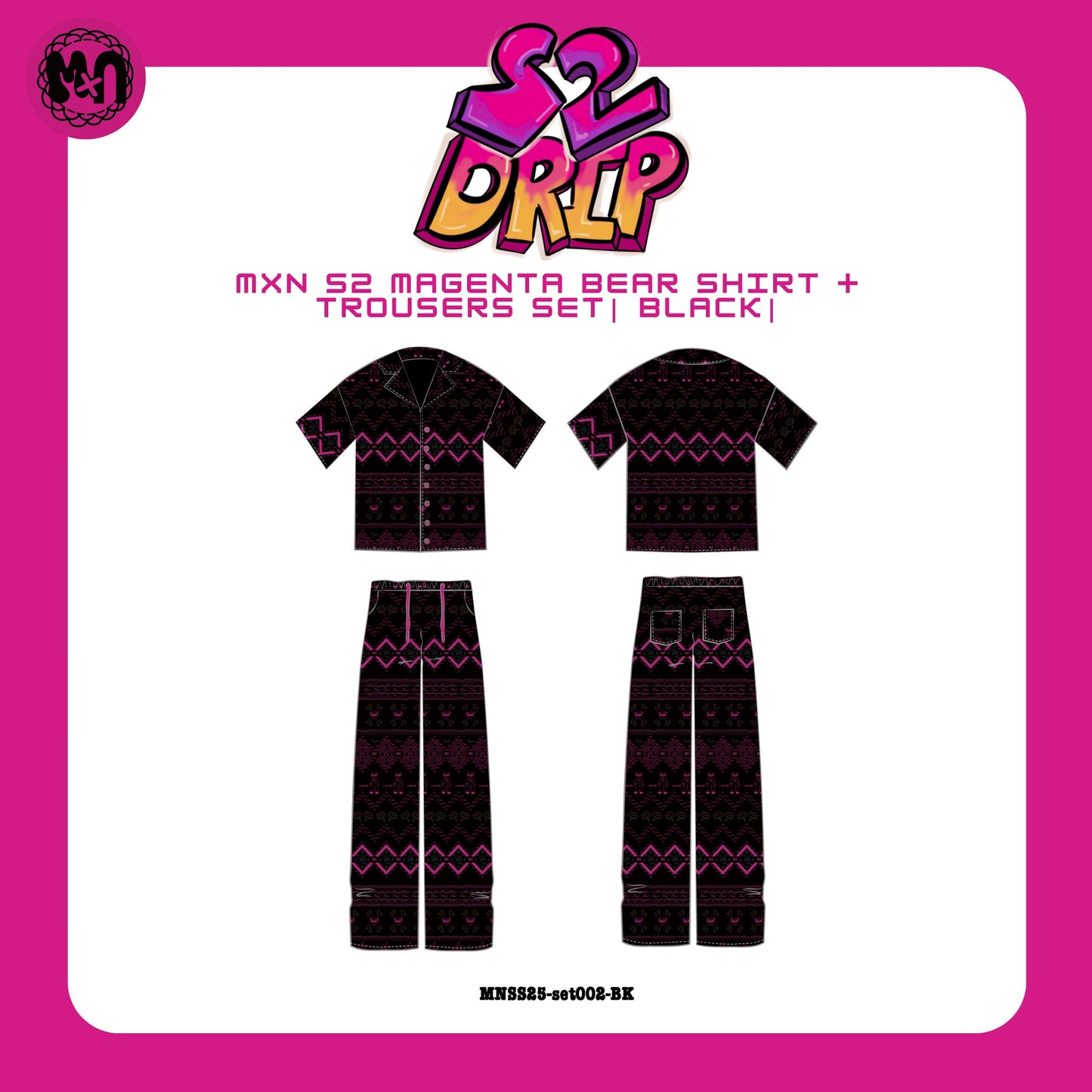 MxN S2 Magenta Bear Shirt + Trousers Set| Black|