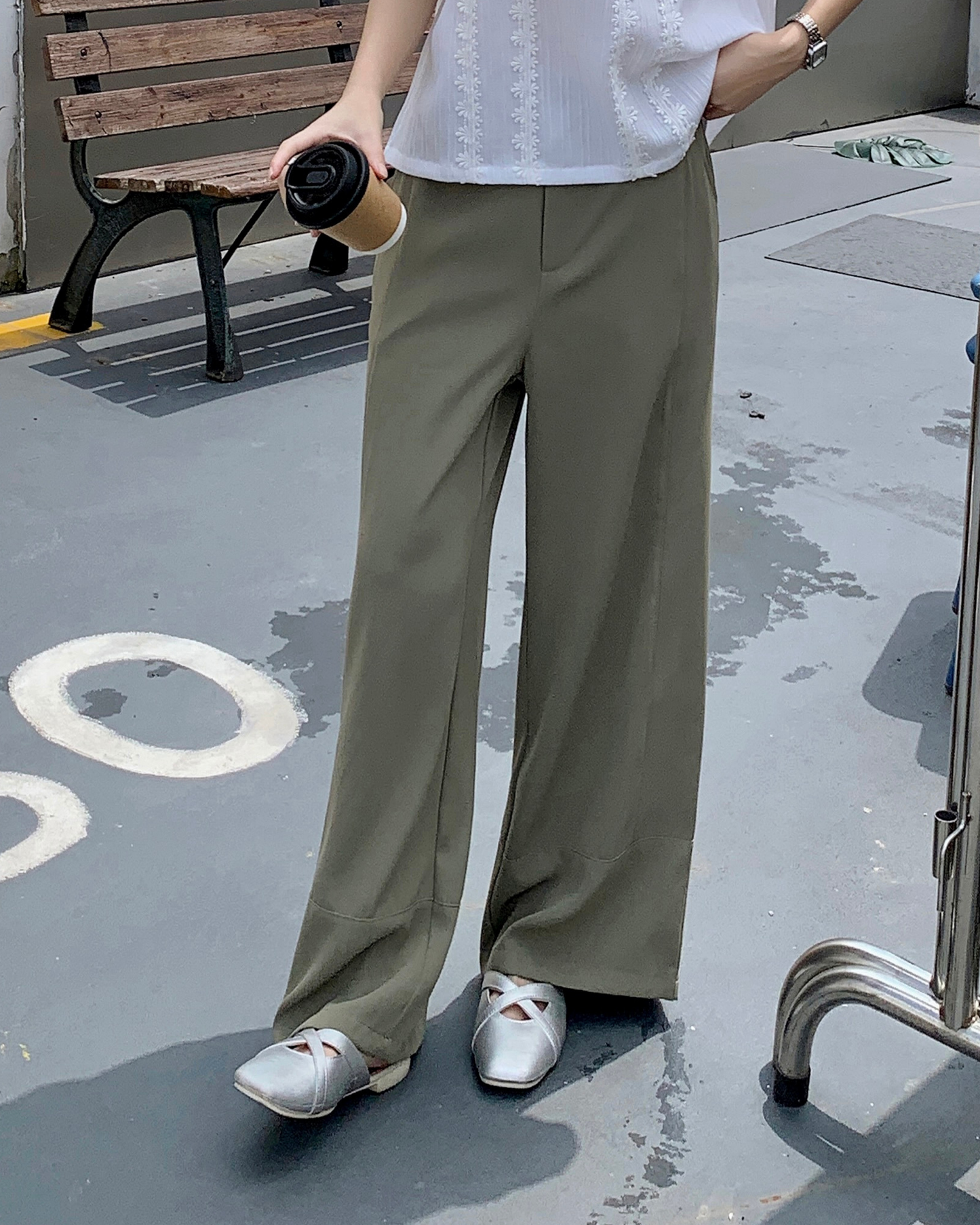 |初秋新品2件75折| 車線寬腿西褲| 灰綠色| 無彈|垂感| 後腰橡筋