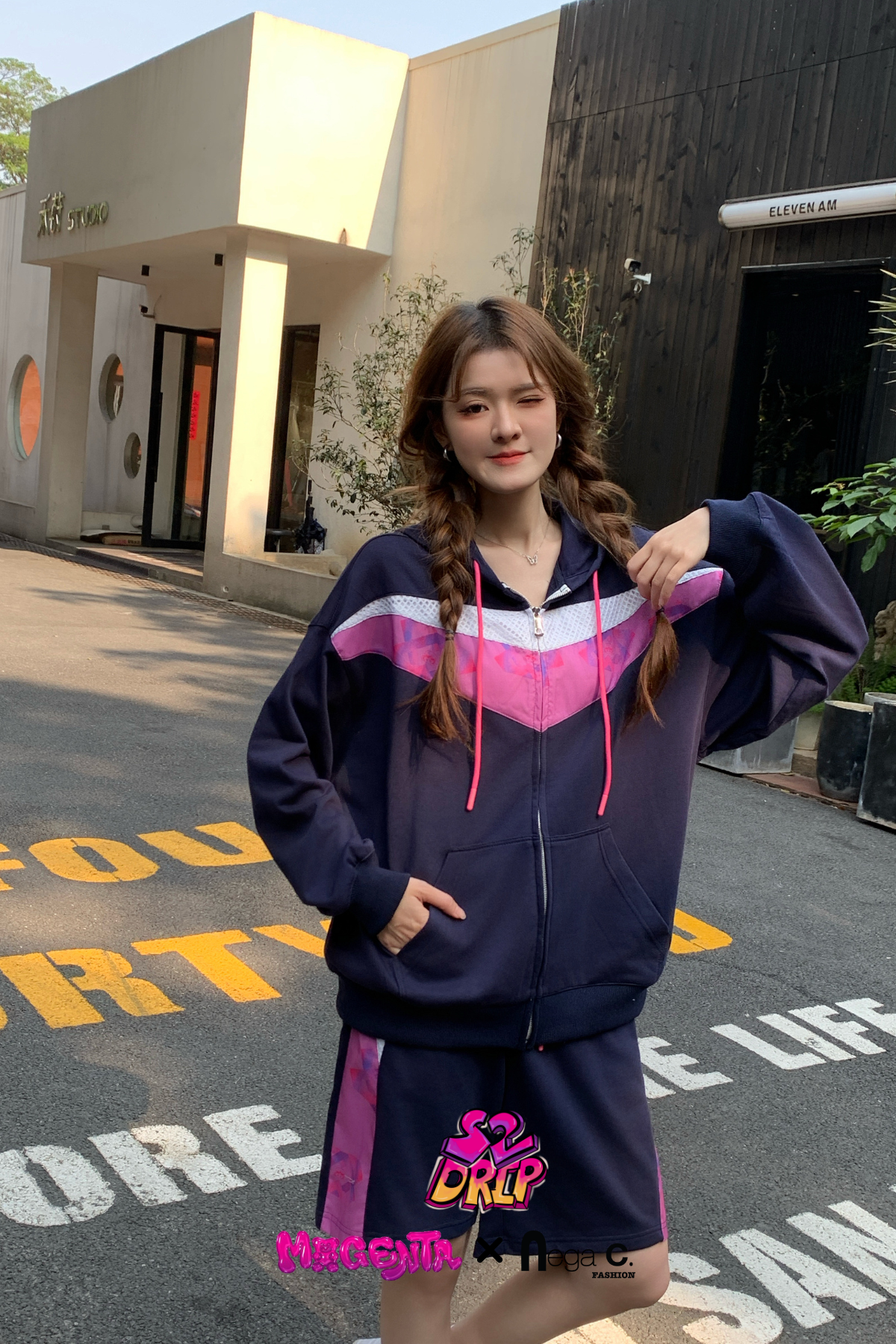 MxN fabric stitching oversize zipped hoodie|Navy|