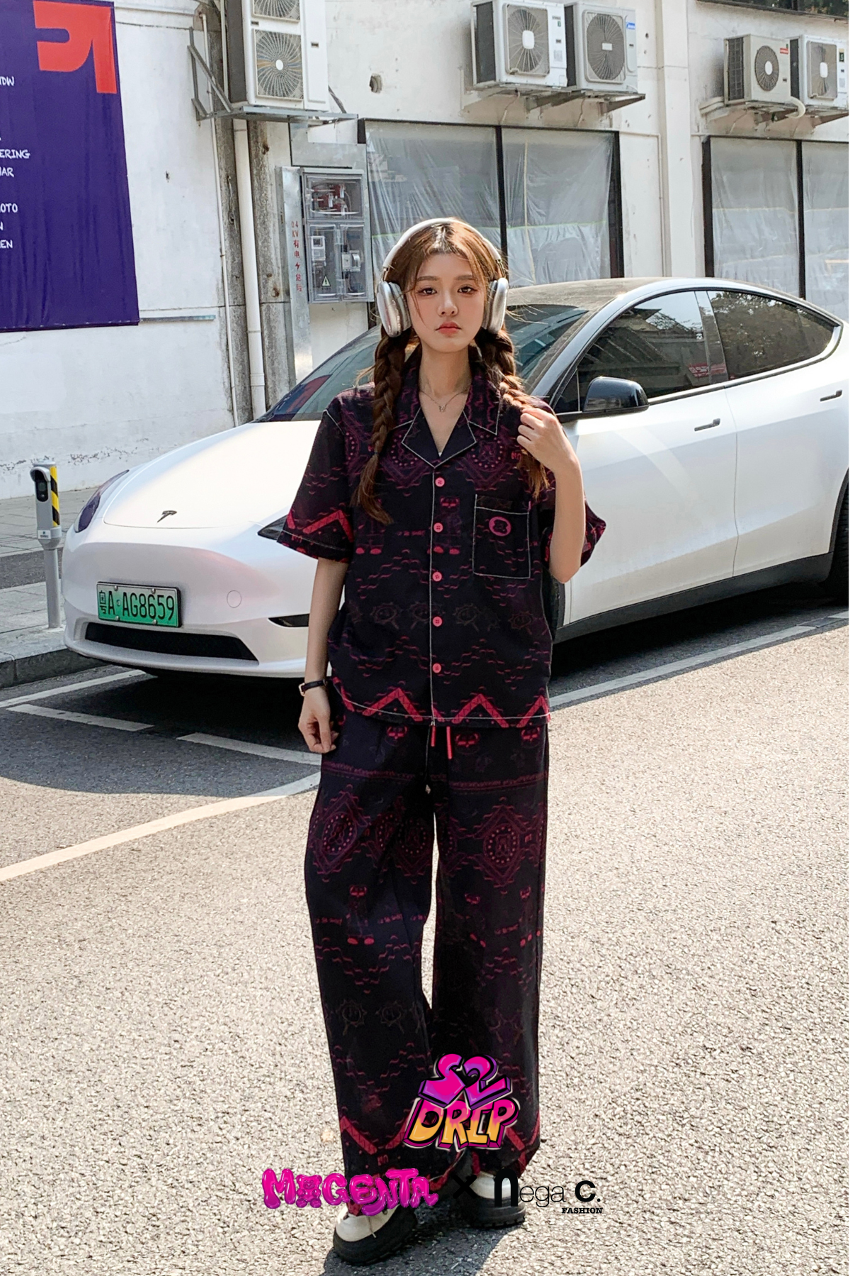 MxN S2 Magenta Bear Shirt + Trousers Set| Black|