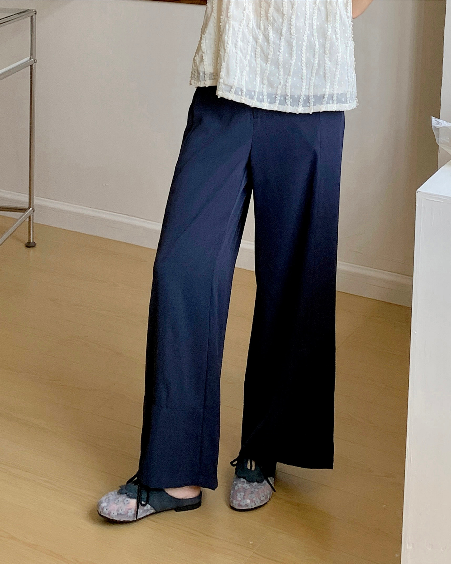 |初秋新品2件75折| 車線寬腿西褲| 深藍色| 無彈|垂感| 後腰橡筋