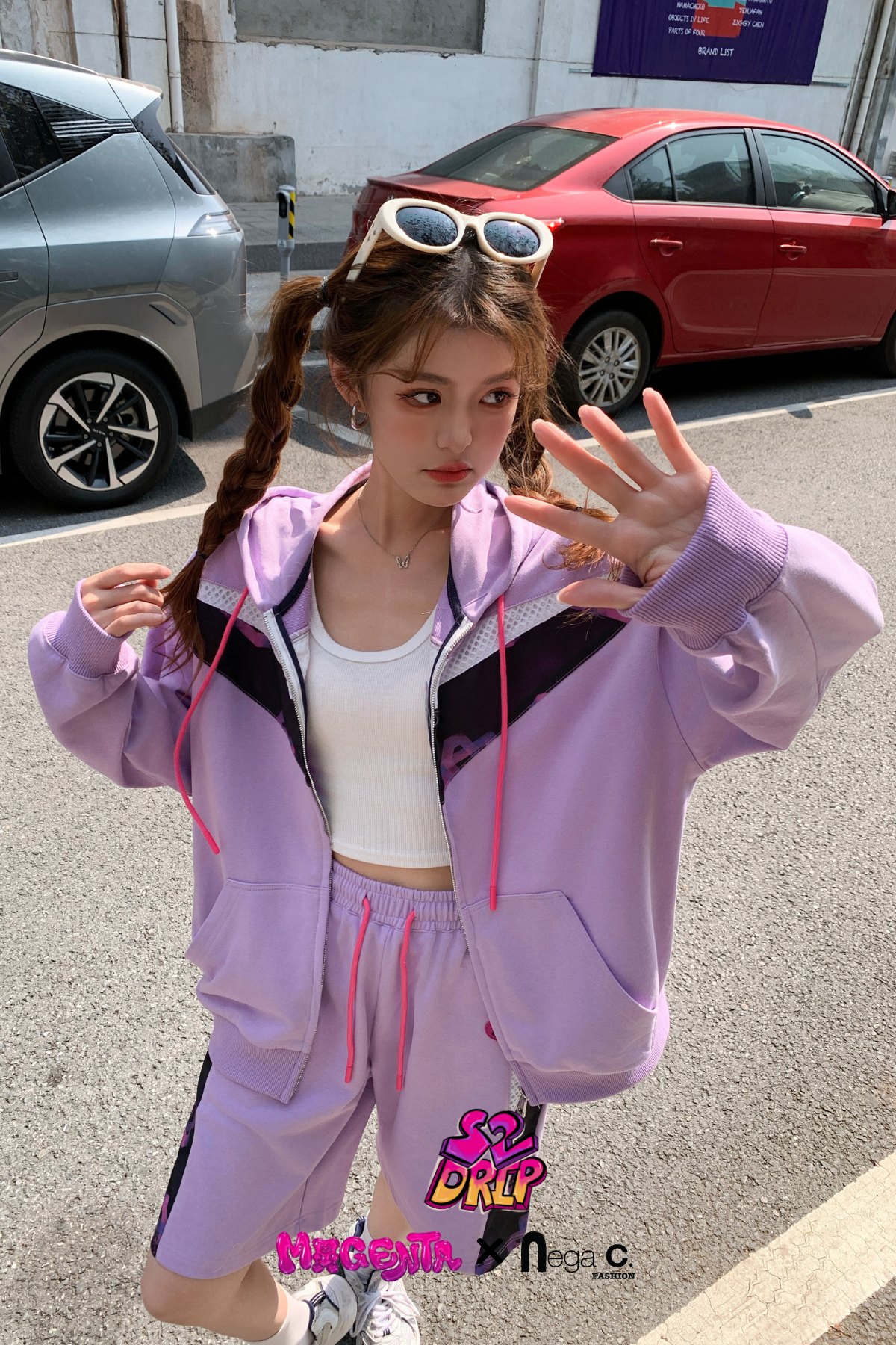 MxN fabric stitching oversize zipped hoodie|Purple|