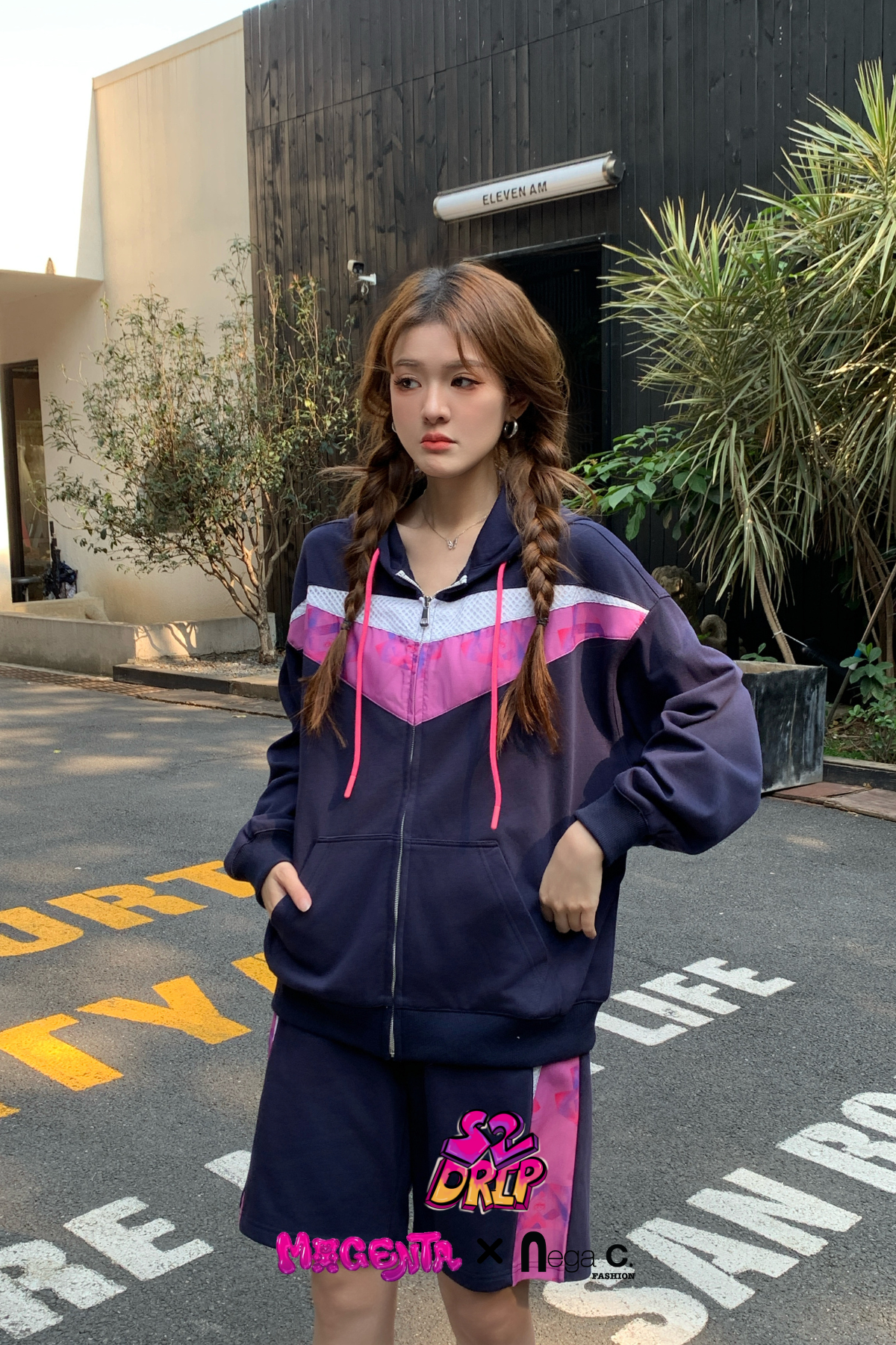 MxN fabric stitching oversize zipped hoodie|Navy|