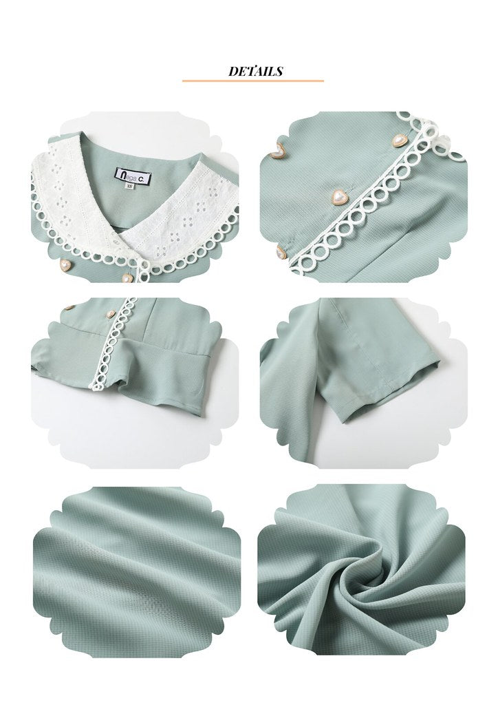 Nega C. 雙襟心心鈕扣蕾絲領襯衫| 淺綠色| 有裡襯