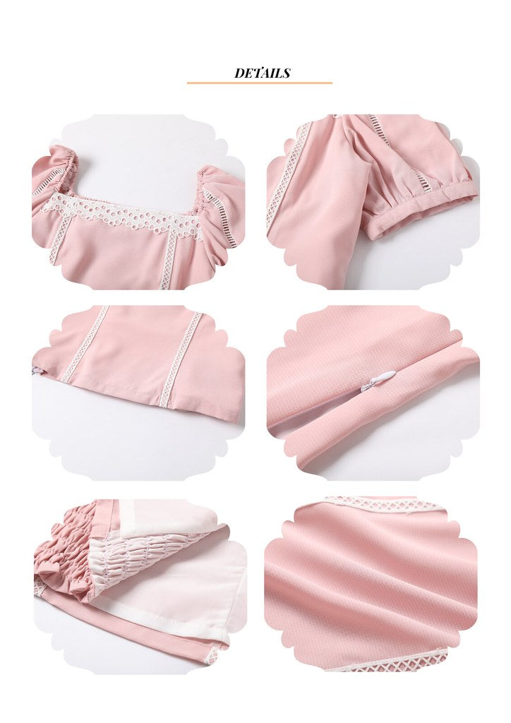 Nega C. เสื้อคอเหลี่ยมลูกไม้เย็บปะติดปะต่อแขนกระดิ่ง | สีชมพู | มีซับใน