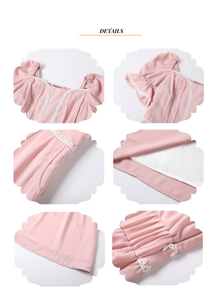 Nega C. Sweetheart Neck Lace Slim Waist Dress | สีชมพู | มีซับใน