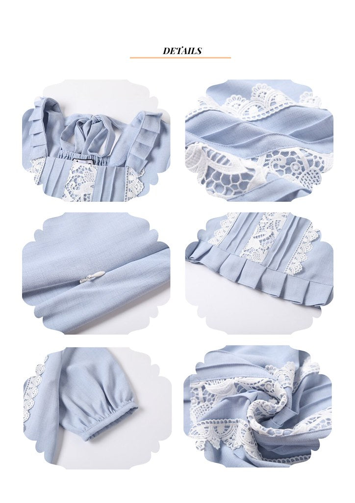 Nega C. 可愛方領蕾絲壓摺衫腳上衣| 淺藍色| 有裡襯