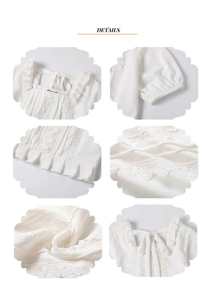 Nega C. 可愛方領蕾絲壓摺衫腳上衣| 白色| 有裡襯