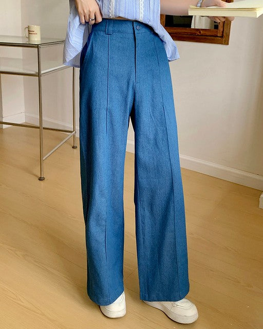 |初秋新品2件75折| 牛仔寬腿褲| 彩藍色| 無彈| 後腰橡筋