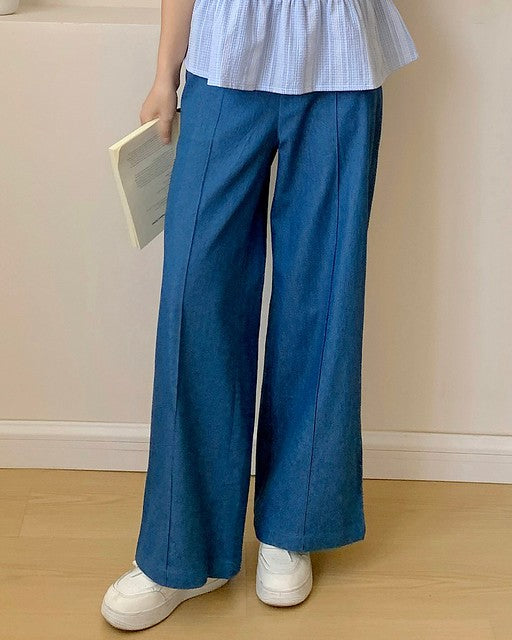 |初秋新品2件75折| 牛仔寬腿褲| 彩藍色| 無彈| 後腰橡筋