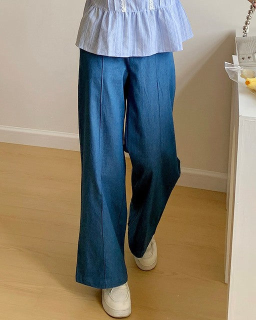 |初秋新品2件75折| 牛仔寬腿褲| 彩藍色| 無彈| 後腰橡筋