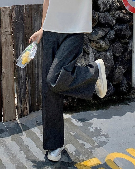 |初秋新品2件75折| 牛仔寬腿褲| 灰黑色| 無彈| 後腰橡筋
