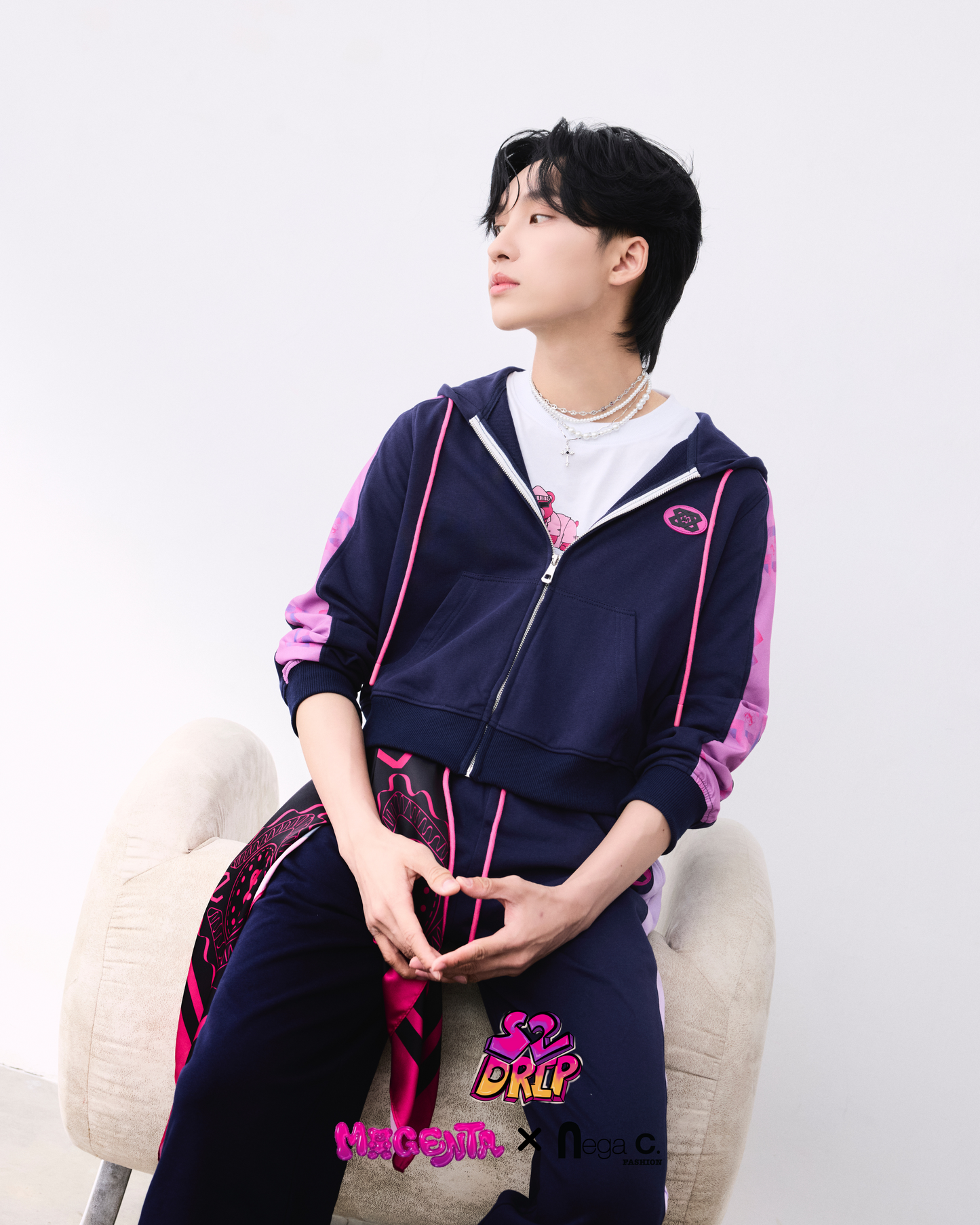 MXN fabric stitching fitted zipped hoodie|Navy|
