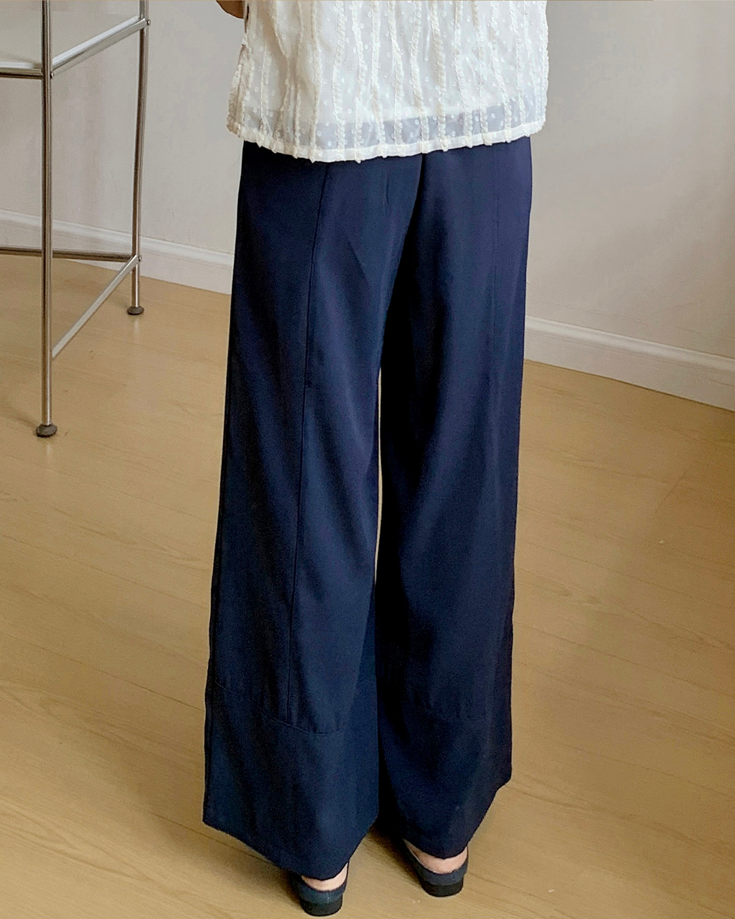 |初秋新品2件75折| 車線寬腿西褲| 深藍色| 無彈|垂感| 後腰橡筋