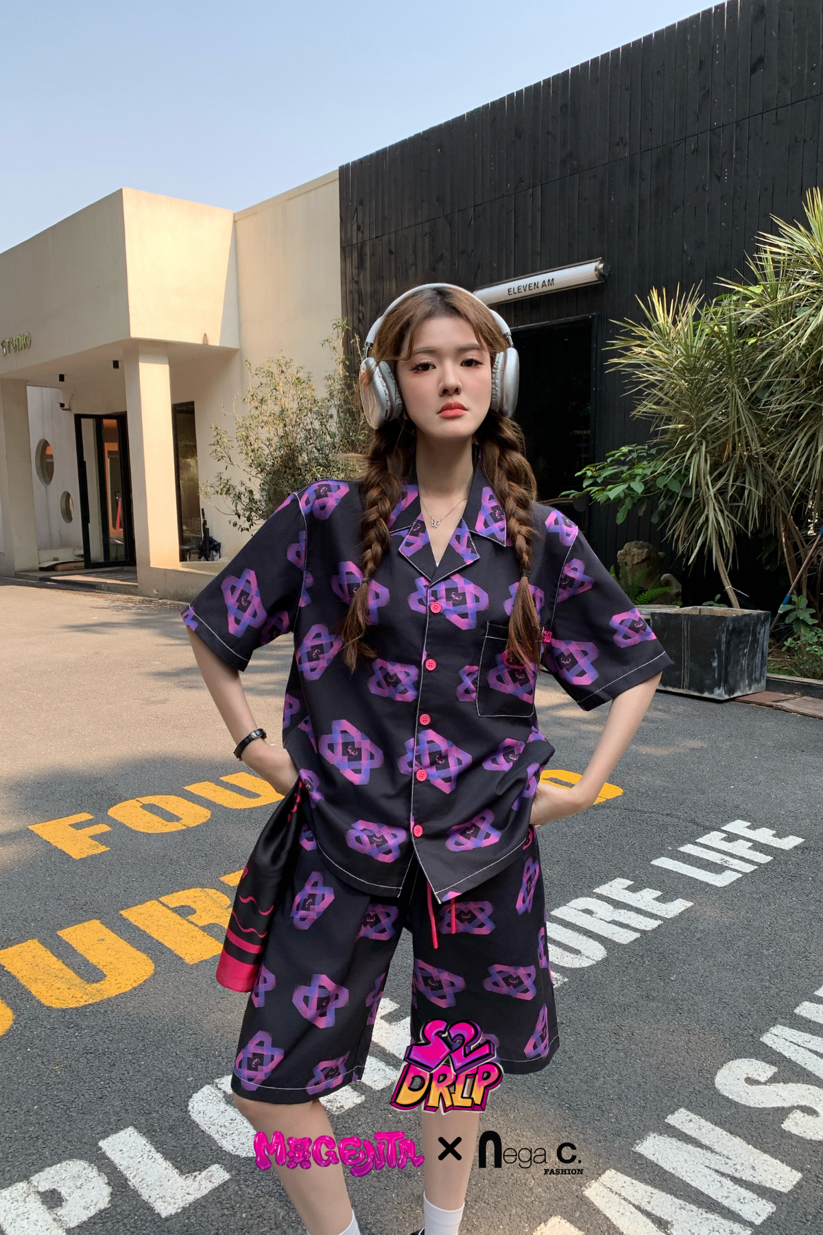 MxN S2 Magenta Bear Shirt + Shorts Set| Black|