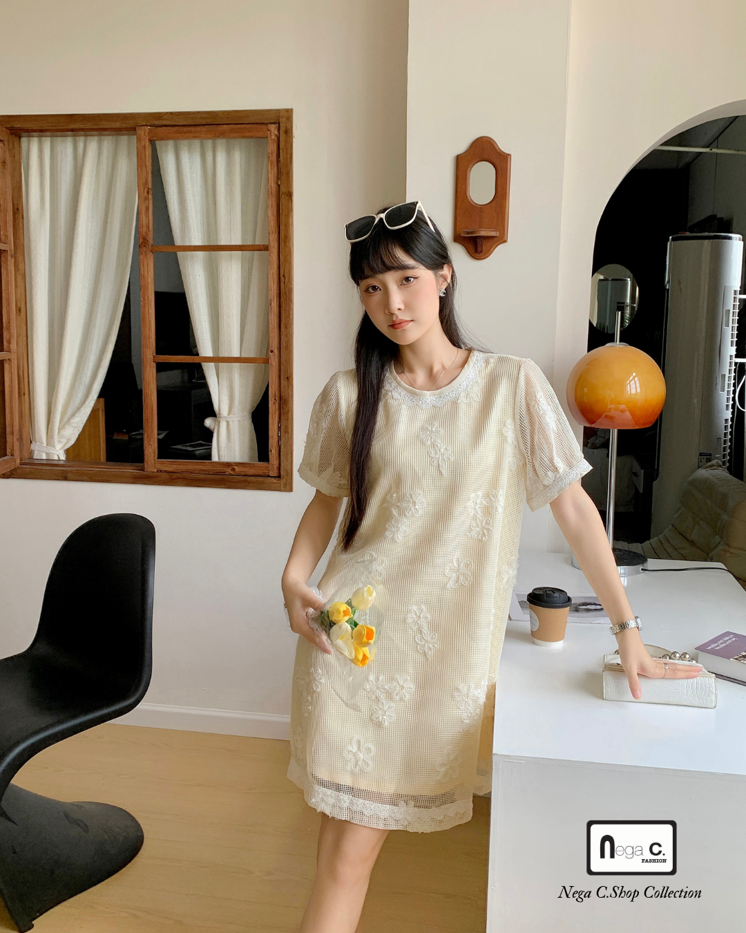 |初秋新品2件75折| 圓領蕾絲A型連身裙|米色|有裡襯|無彈
