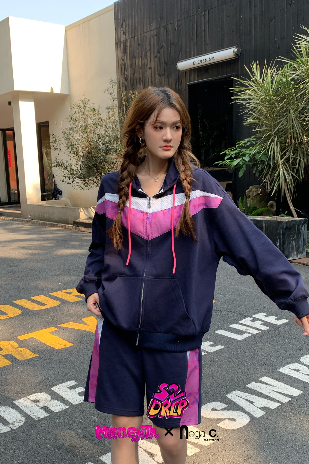 MxN fabric stitching oversize zipped hoodie|Navy|