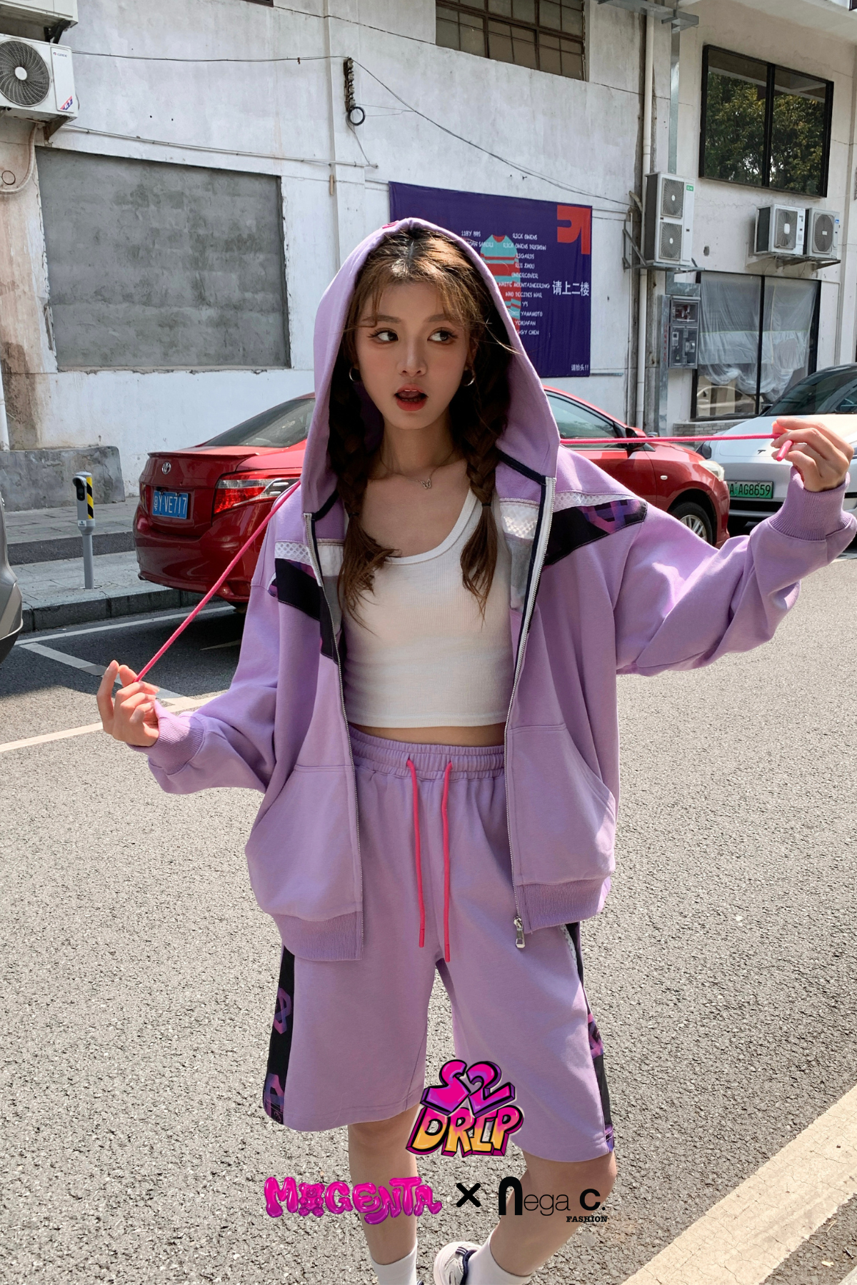 MxN fabric stitching oversize zipped hoodie|Purple|