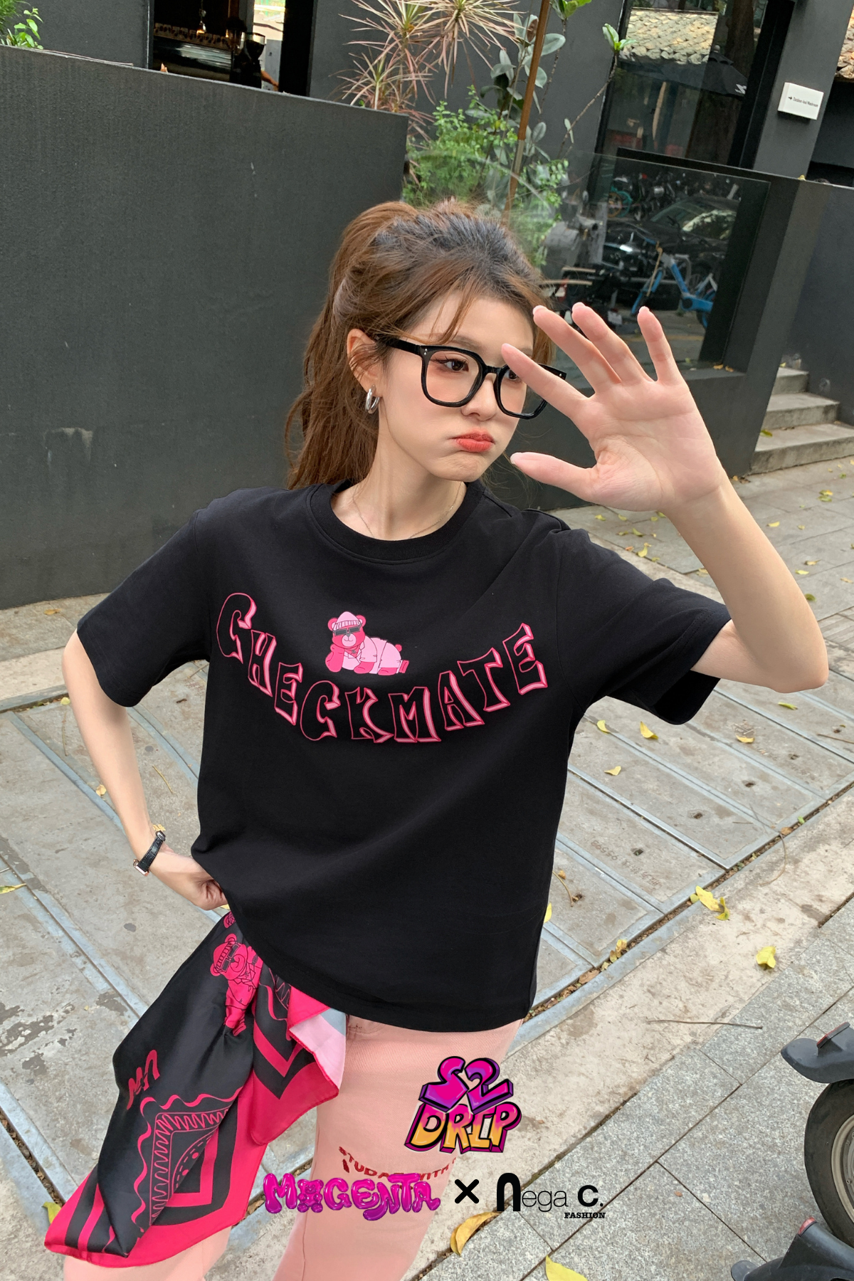 MxN S2 Magenta Bear "Checkmate" T-shirt| Black|
