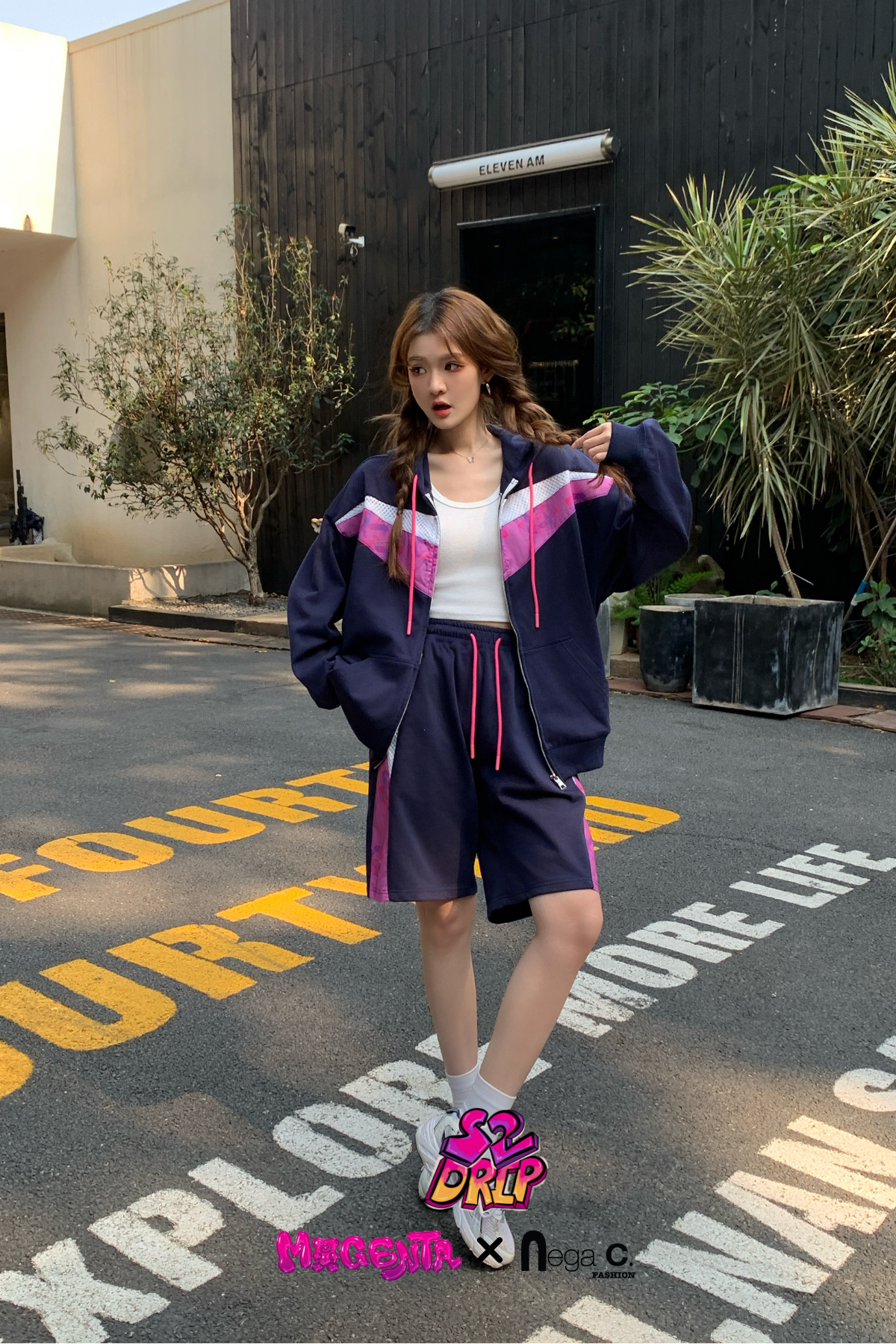 MxN fabric stitching oversize zipped hoodie|Navy|