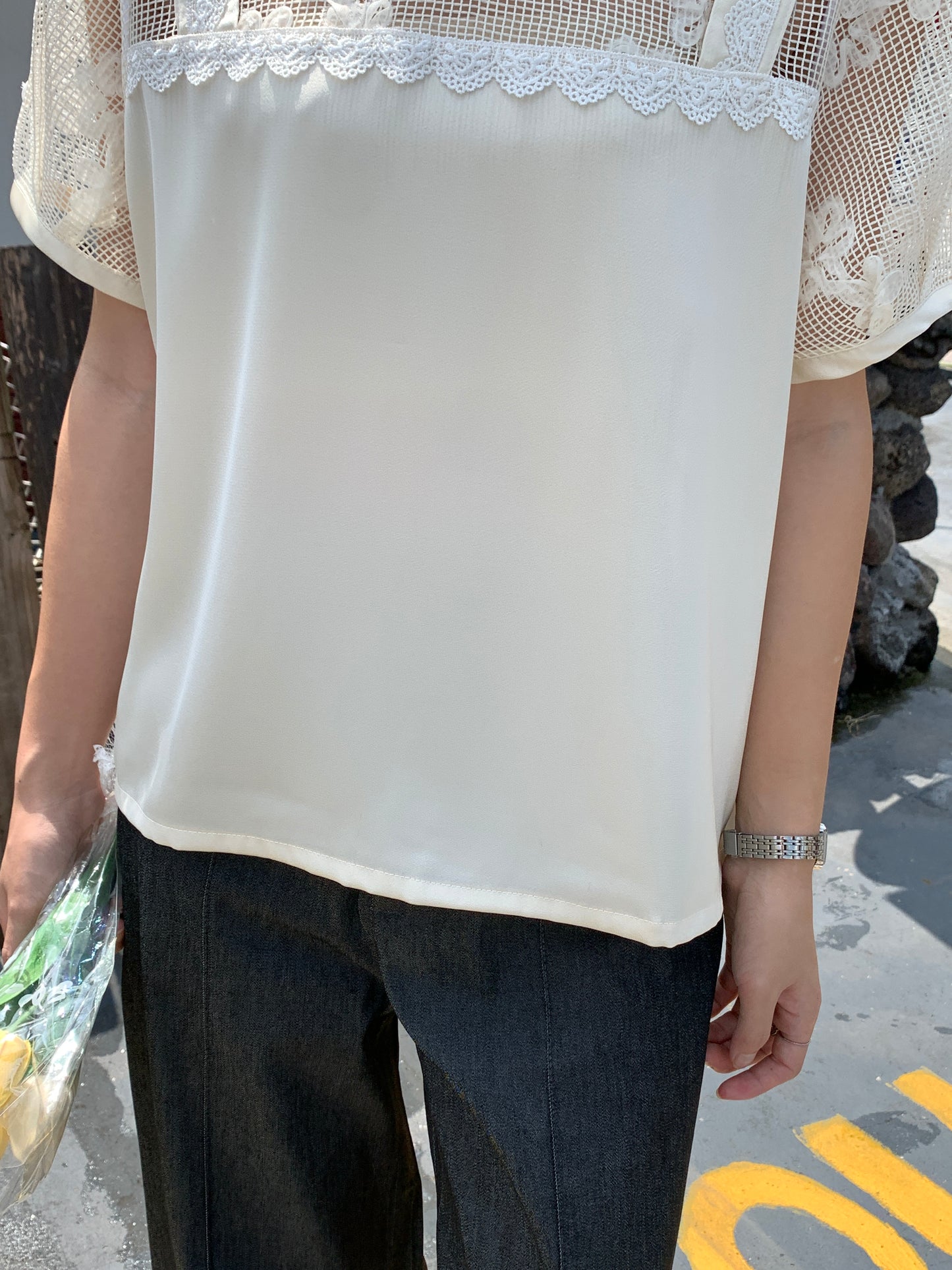 |初秋新品2件75折| 優雅蕾絲拼接上衣|米色|無裡襯|無彈