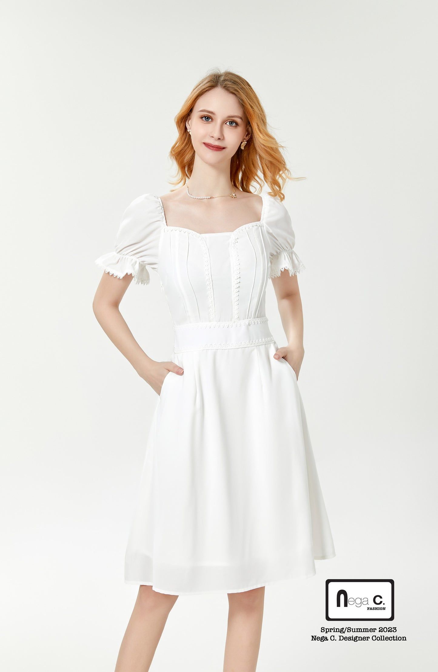 Nega C. Sweetheart Neck Lace Slim Waist Dress | สีขาว | มีซับใน
