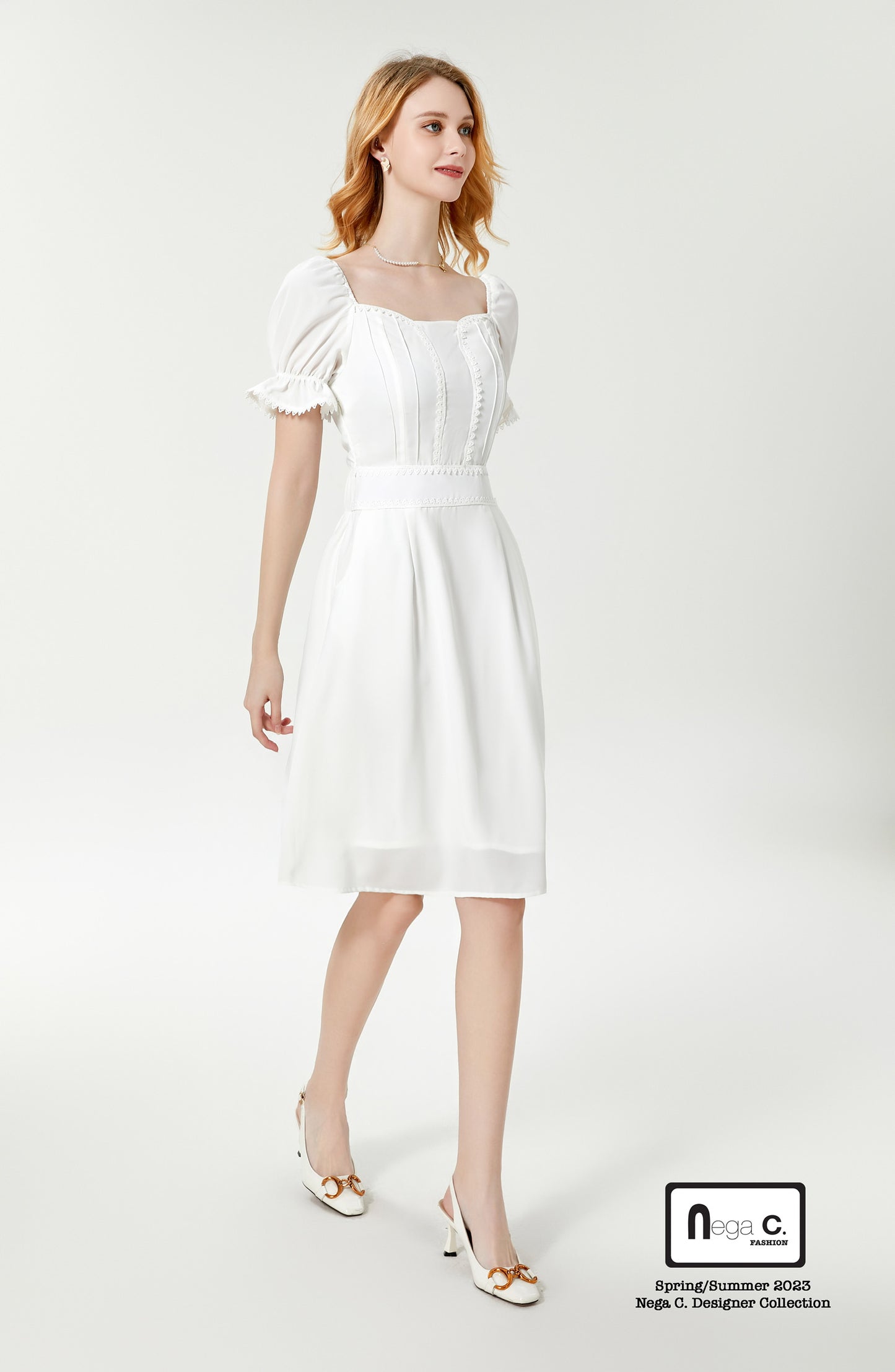 Nega C. Sweetheart Neck Lace Slim Waist Dress | สีขาว | มีซับใน