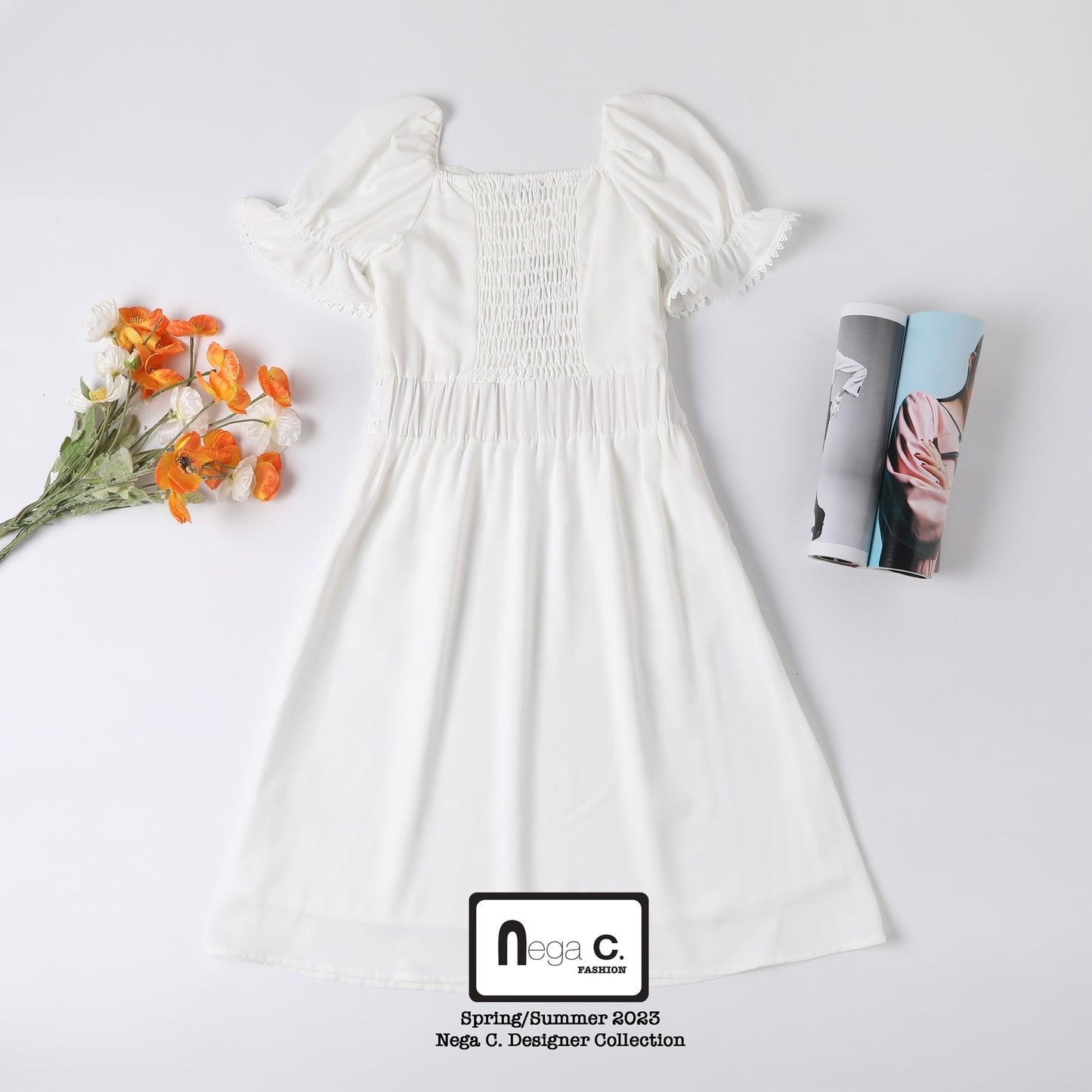 Nega C. Sweetheart Neck Lace Slim Waist Dress | สีขาว | มีซับใน