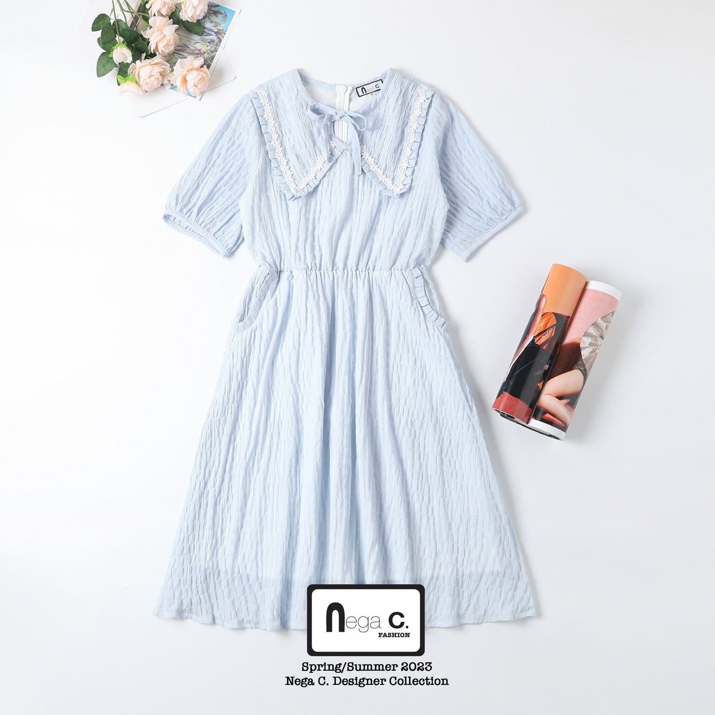 Nega C. เดรสคอวีอัดพลีทเอวผีเสื้อ | สีพาวเดอร์บลู | มีซับใน