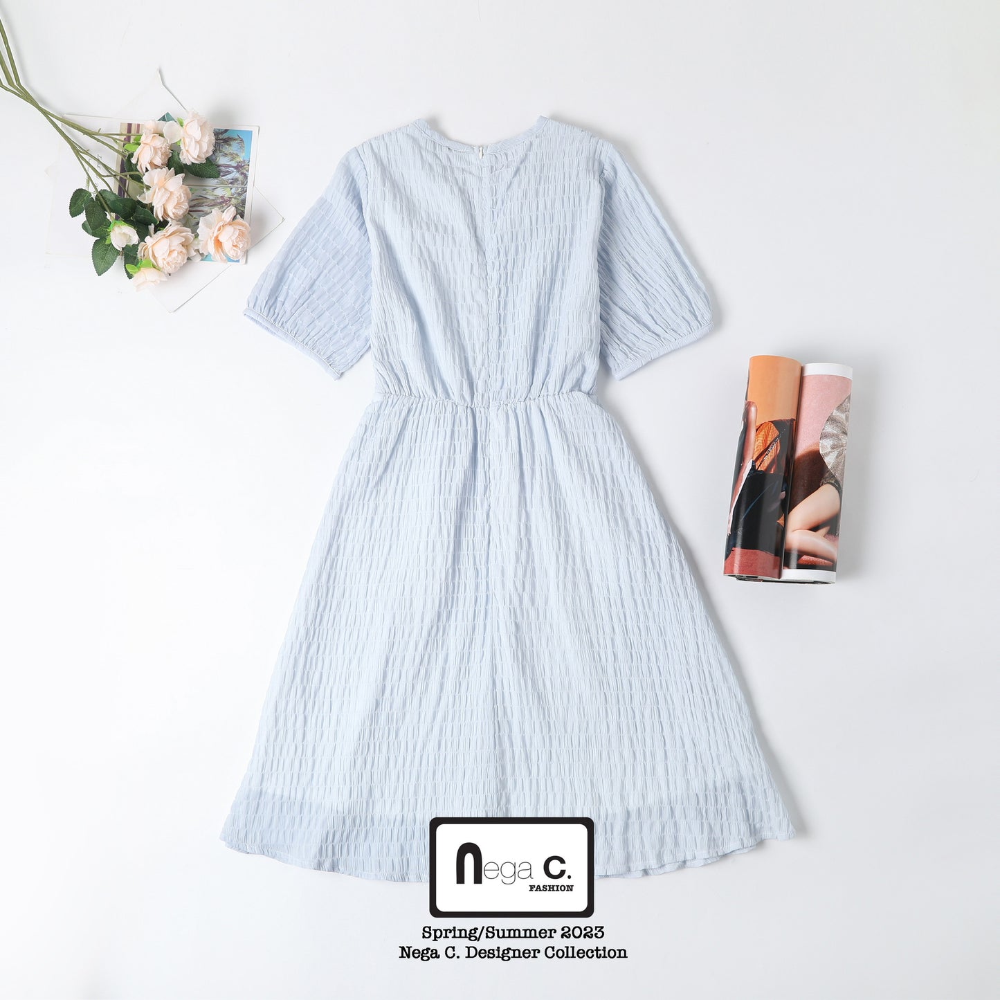 Nega C. เดรสคอวีอัดพลีทเอวผีเสื้อ | สีพาวเดอร์บลู | มีซับใน