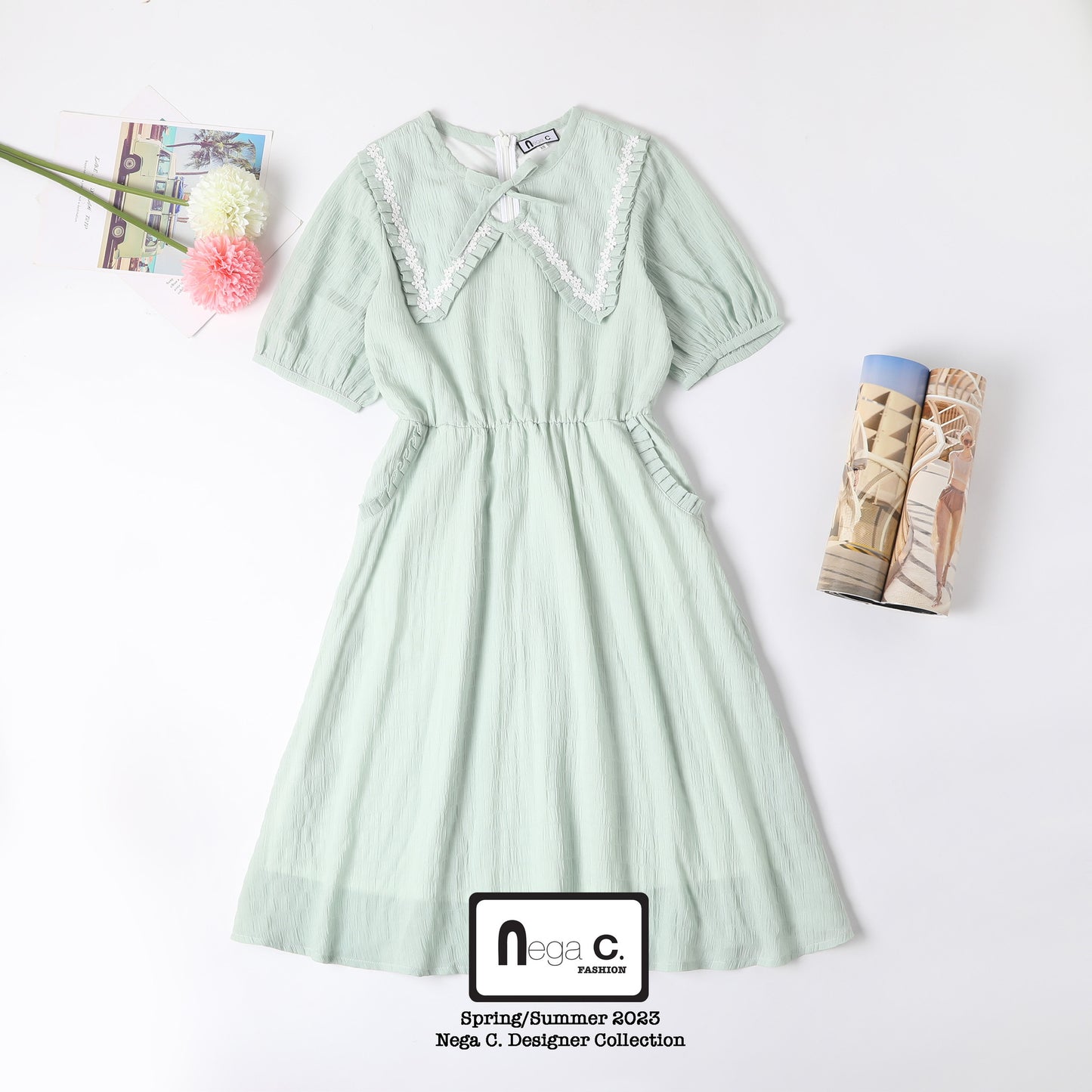 Nega C. เดรสคอกลมจับจีบช่วงเอวผีเสื้อ | ชมพูเขียว | มีซับใน