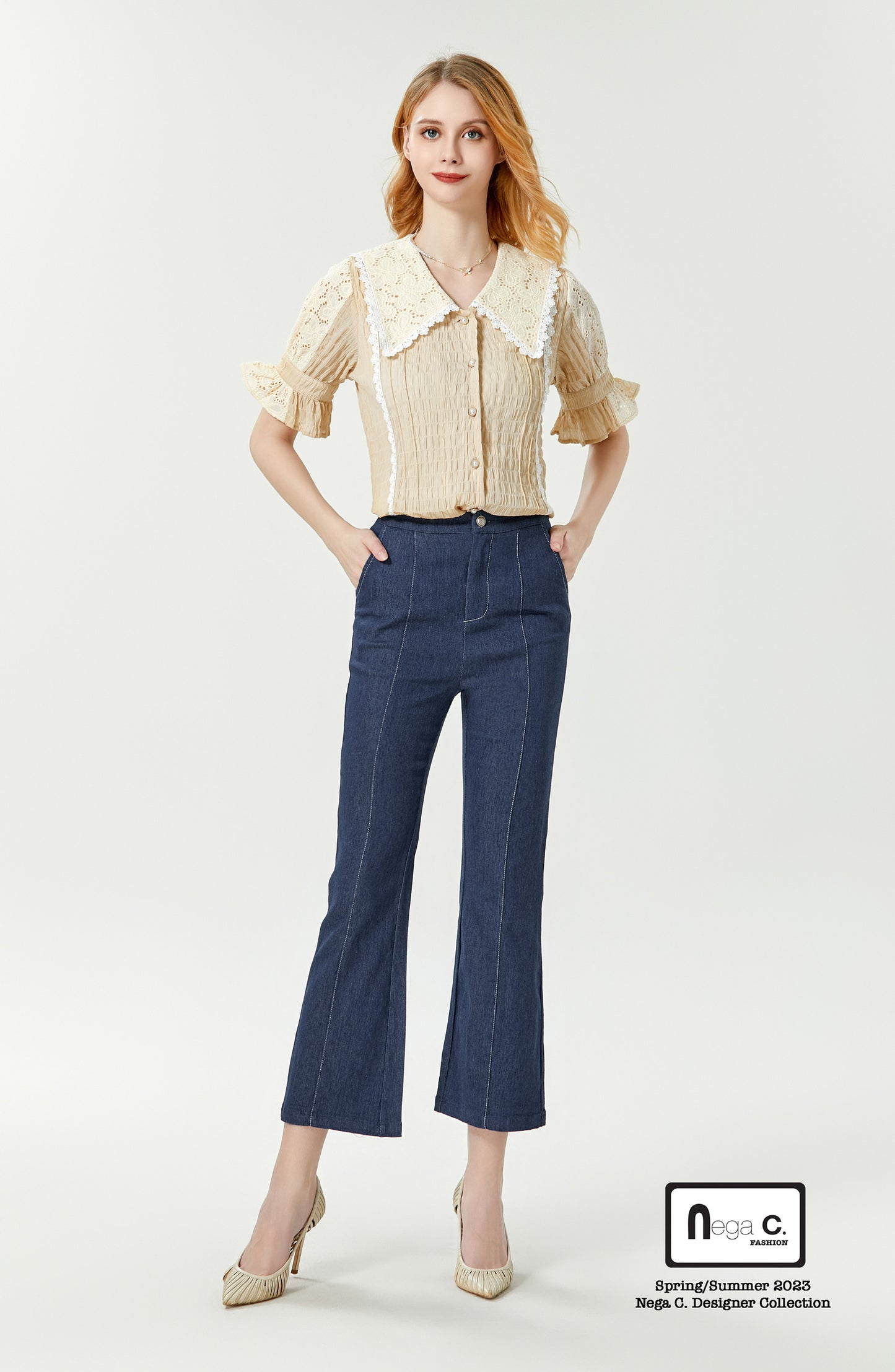 Nega C. Retro Patchwork Lace Shirt | แอปริคอท | มีซับใน