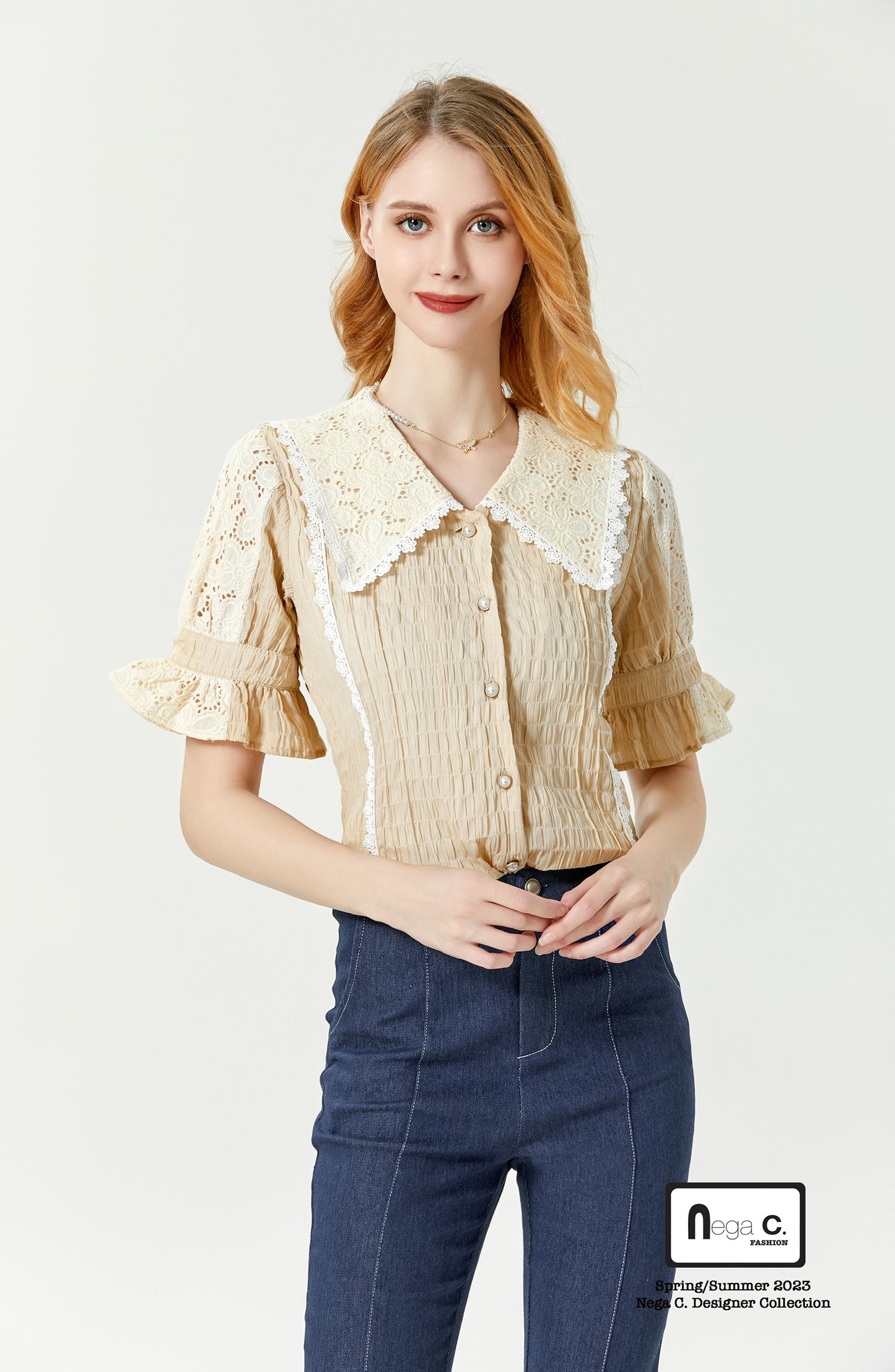 Nega C. Retro Patchwork Lace Shirt | แอปริคอท | มีซับใน