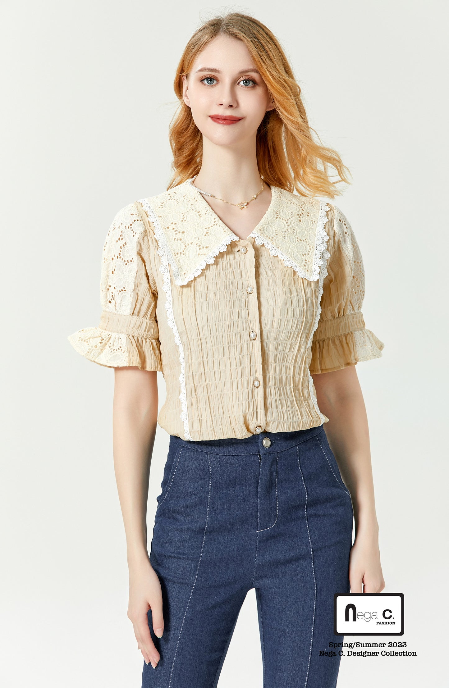 Nega C. Retro Patchwork Lace Shirt | แอปริคอท | มีซับใน