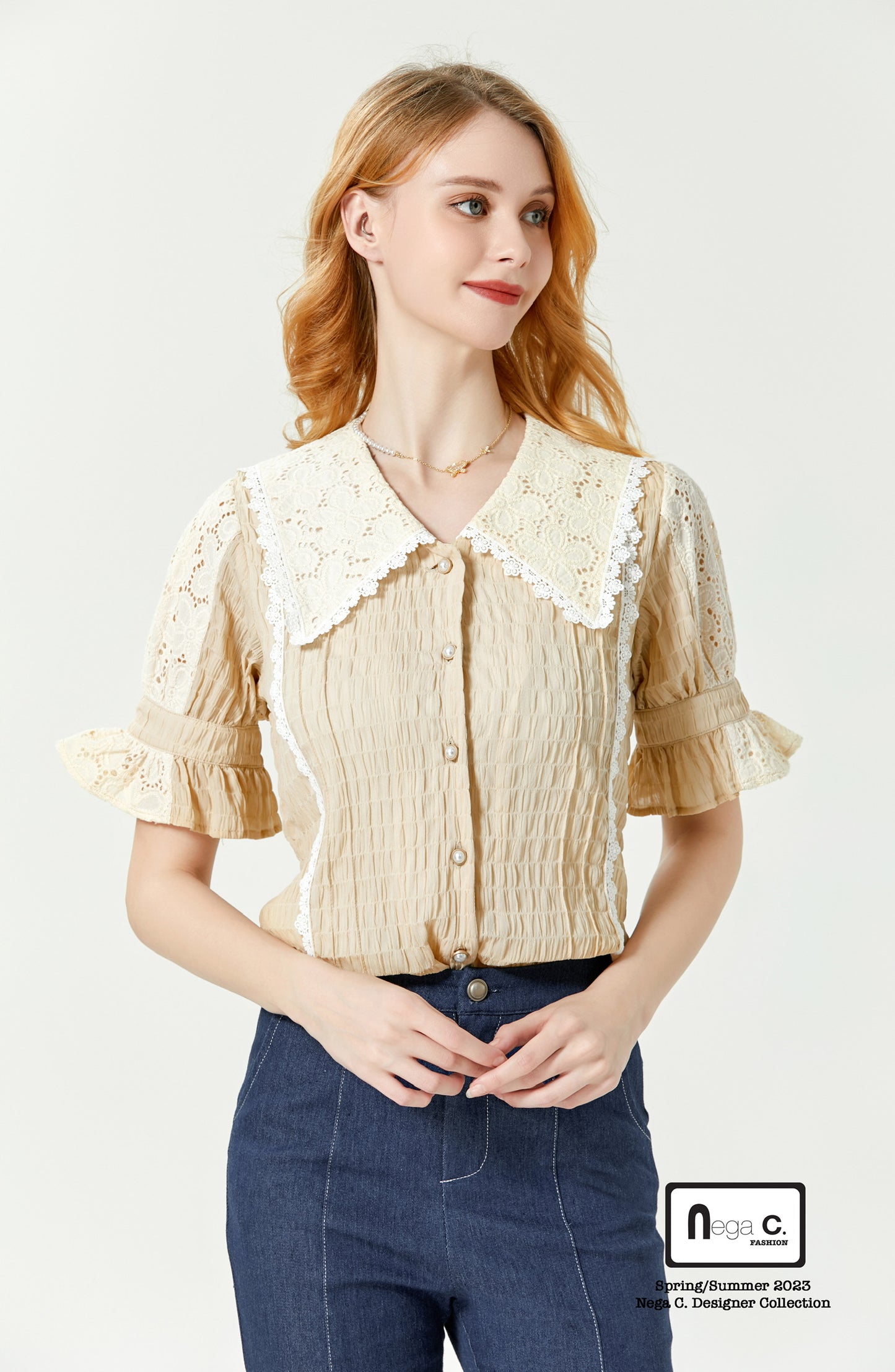 Nega C. Retro Patchwork Lace Shirt | แอปริคอท | มีซับใน