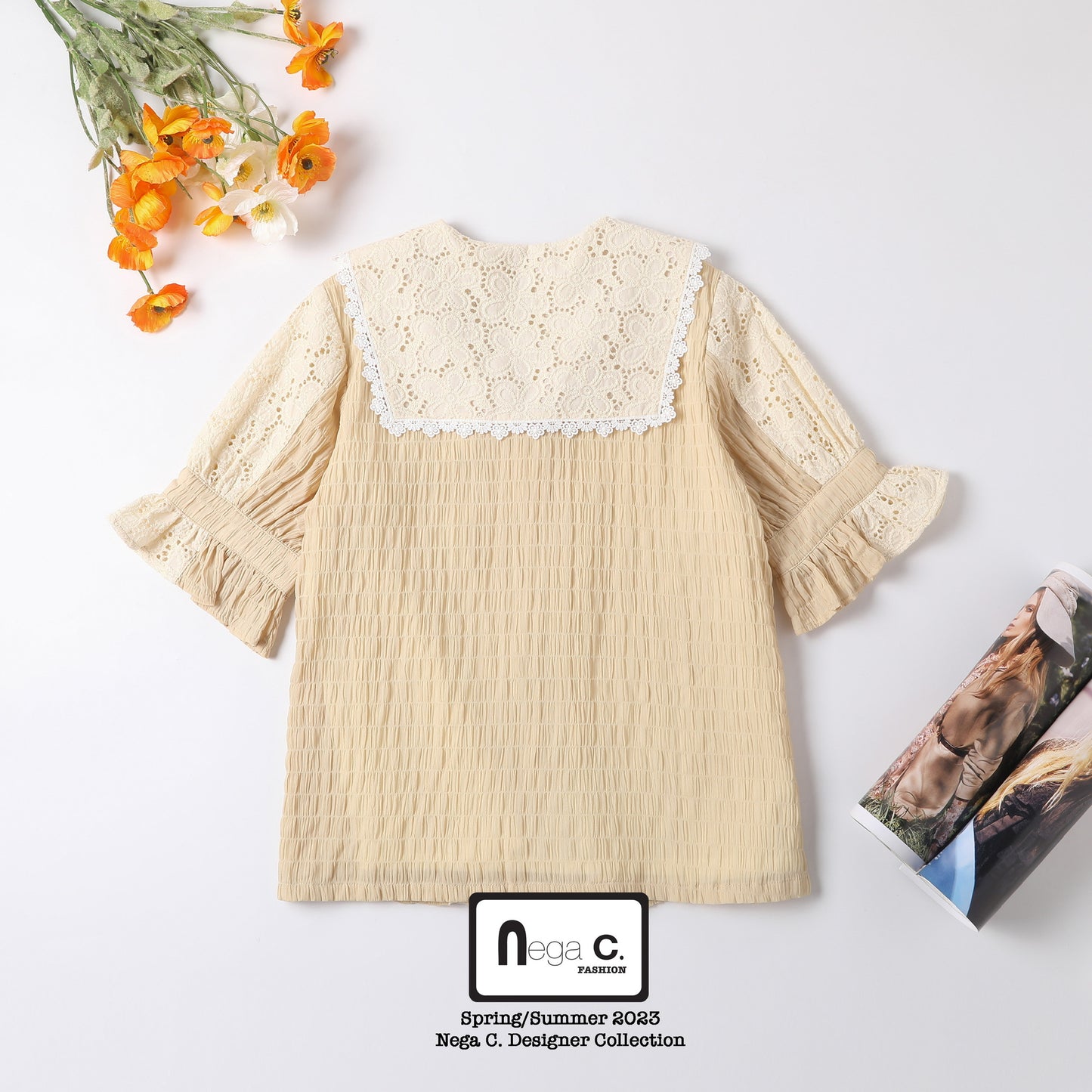 Nega C. Retro Patchwork Lace Shirt | แอปริคอท | มีซับใน