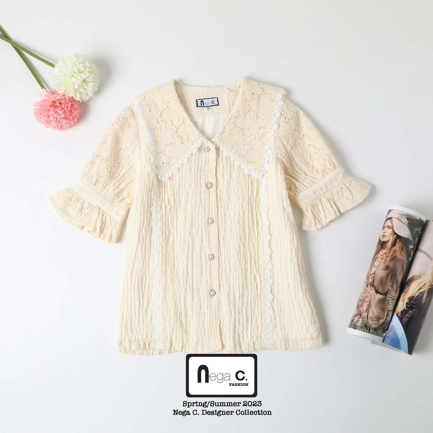 Nega C. เสื้อเชิ้ตลูกไม้งานปะวินเทจ | สีเบจ | มีซับใน