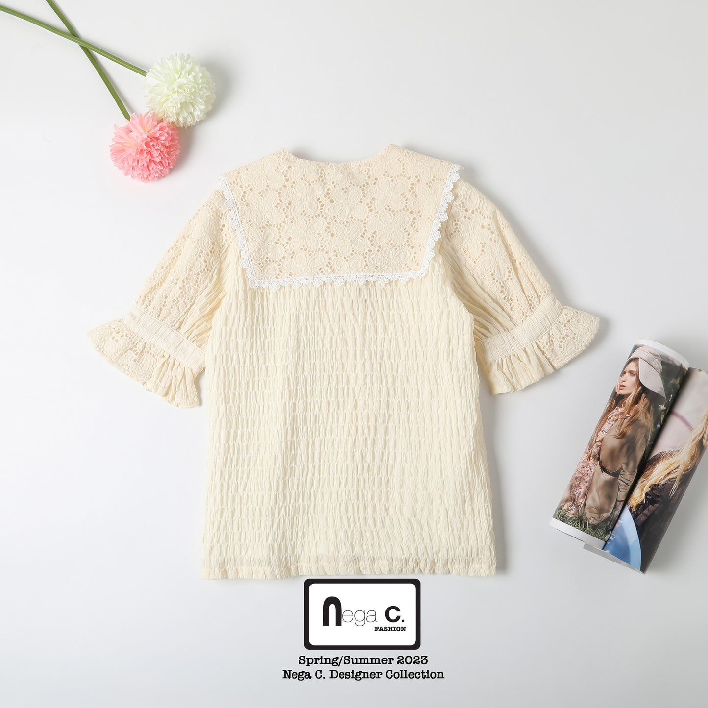 Nega C. เสื้อเชิ้ตลูกไม้งานปะวินเทจ | สีเบจ | มีซับใน