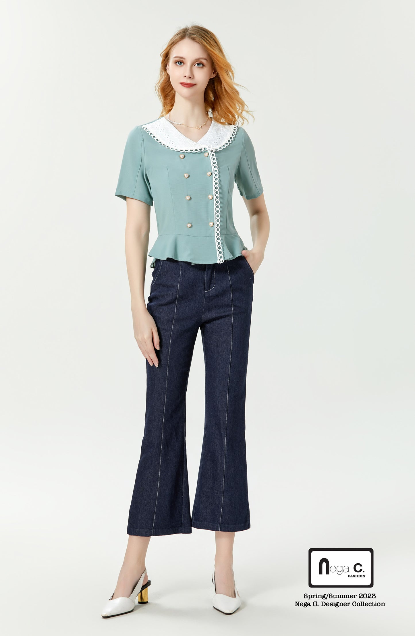 Nega C. 雙襟心心鈕扣蕾絲領襯衫| 淺綠色| 有裡襯