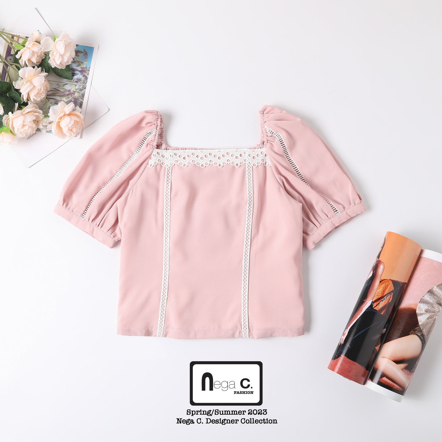 Nega C. เสื้อแขนพองลูกไม้คอเหลี่ยมหวาน | สีชมพู | มีซับใน