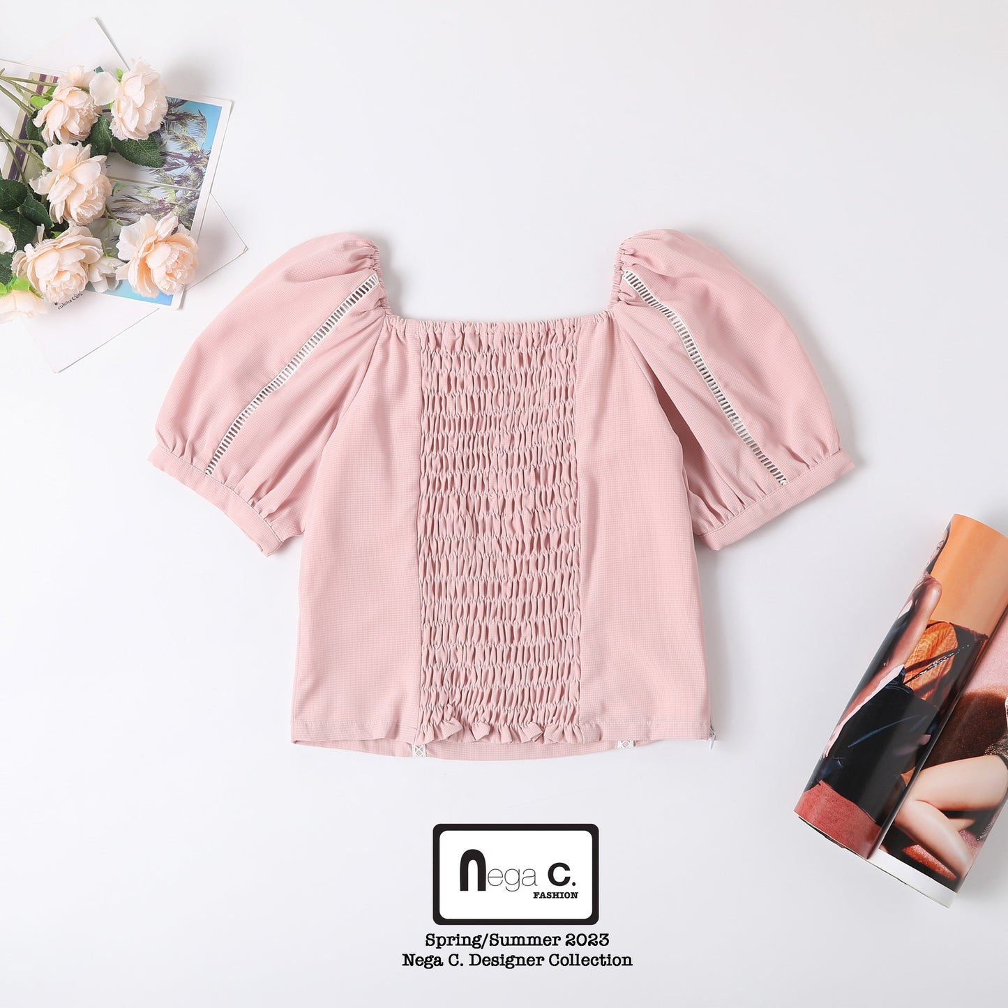 Nega C. เสื้อแขนพองลูกไม้คอเหลี่ยมหวาน | สีชมพู | มีซับใน